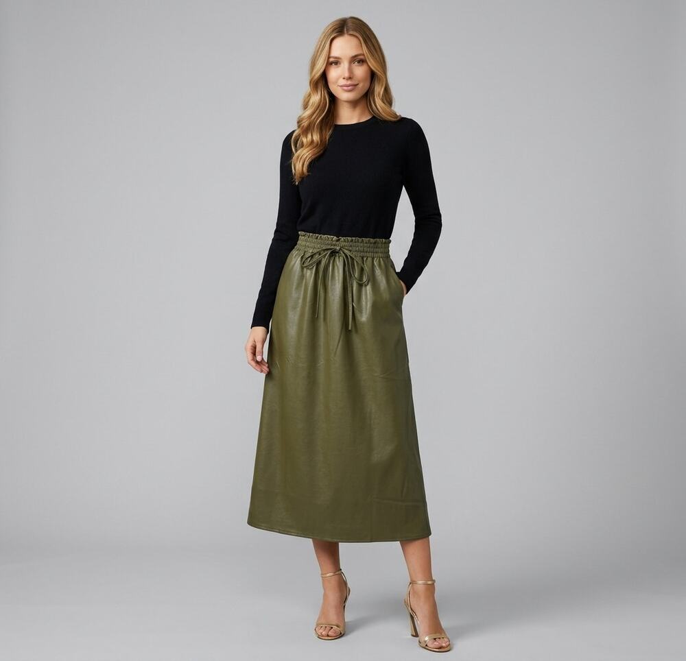 Tuckernuck Olive Faux Leather CeCe Midi Skirt XS High Rise A-Line Pockets Office
